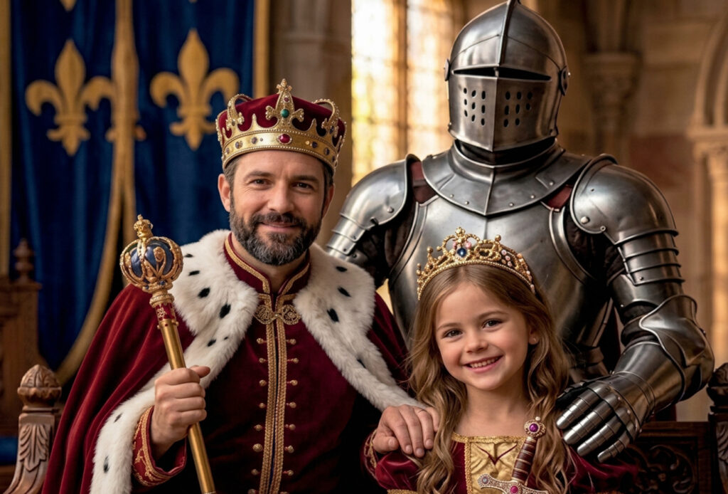 Family dressed as a king and a princess next to a knight in armour